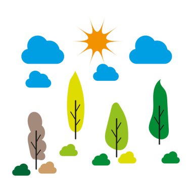 Doğa manzarası ikonu. Renkli ağaç tasarımı. Parlak güneş ve bulutlar. Minimum vektör sahnesi. EPS 10.