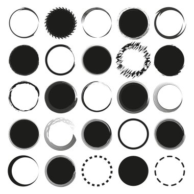 Çember düzeni ayarlandı. Yuvarlak soyut şekiller. Farklı vuruş stilleri. Vektör grafik koleksiyonu. EPS 10.