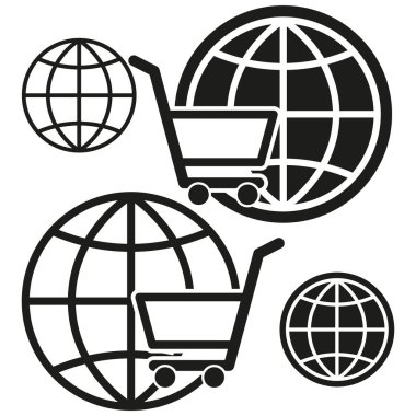 E ticaret dünyası ikonu. Alışveriş arabası sembolü. Küresel online pazar. Vektör çizimi. EPS 10.