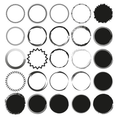Çeşitli çember sınırları. Siyah ve beyaz halka şekilleri. Geometrik ve grunge tasarımları. Soyut yuvarlak simgeler. EPS 10.
