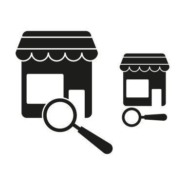 Büyüteçle birlikte depola. Dükkan vektör ikonu. Ara ve keşfet sembolü. Perakende denetleme işareti. EPS 10.