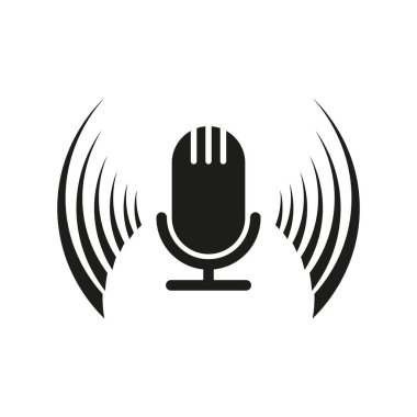 Mikrofon vektör simgesi. Ses dalgası sembolü. Retro mikrofon tasarımı. Siyah ses grafiği. EPS 10.