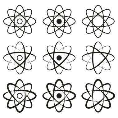 Atom simgesi ayarlandı. Bilimsel atomik şekiller. Vektör moleküler sembolleri. Siyah enerji elementleri. EPS 10.