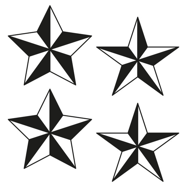 Звездные иконы. Пять заостренных звёзд. Геометрические векторные символы. Простые черные иконки. EPS 10.