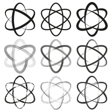 Atom simgesi ayarlandı. Bilim sembolü elementleri Siyah atomik yapı. Vektör fiziği. EPS 10.