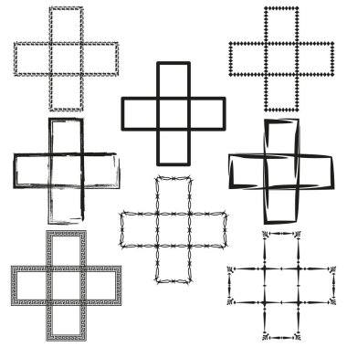 Dekoratif çapraz semboller. Sanatsal haç tasarımları. El çizimi haçlar. Eşsiz çapraz şekiller. EPS 10.