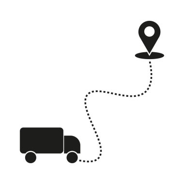 Teslimat kamyonu ikonu. Yol ve konum sembolü. Noktalı yol vektörü. Düz siyah tasarım. EPS 10.