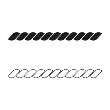 Bükülmüş ip simgeleri. Birbirine dolanmış iplik şekilleri. Siyah ve beyaz vektör. Deniz çizgisi sembolleri. EPS 10.