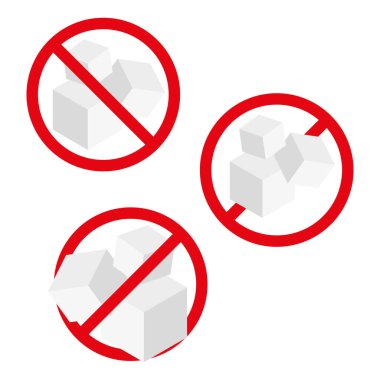 Küp şeker yok. Uyarı sembolü simgesi. Kırmızı yasaklama işareti. Vektör illüstrasyon elemanı. EPS 10.