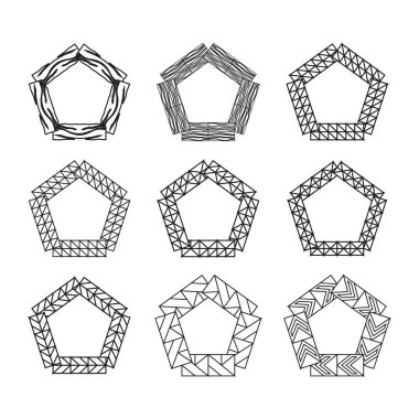 Pentagon dekoratif çerçeveleri. Geometrik çizgiler. Soyut siyah çizgiler. Vektör çizimi. EPS 10.
