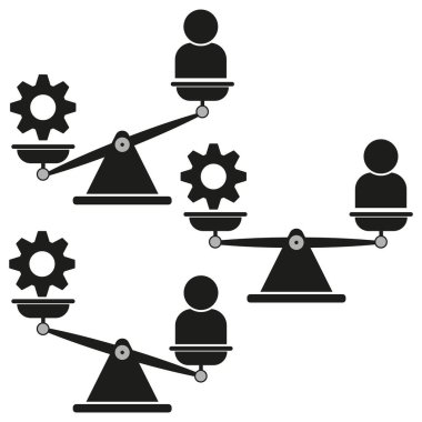 Dengeli ölçeklendirir. İnsan ve vites ağırlıkları. Karşılaştırmanın sembolü. Siyah vektör çizimi. EPS 10.