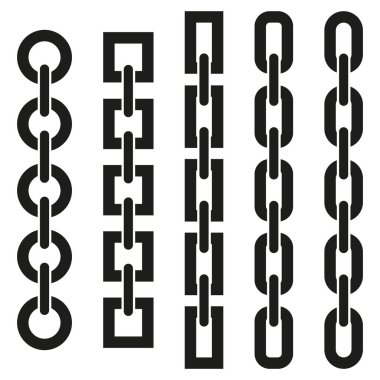 Zincir deseni ayarlandı. Bağlı şekiller koleksiyonu. Vektör tasarım elemanları. Siyah bağlantı sembolleri. EPS 10.