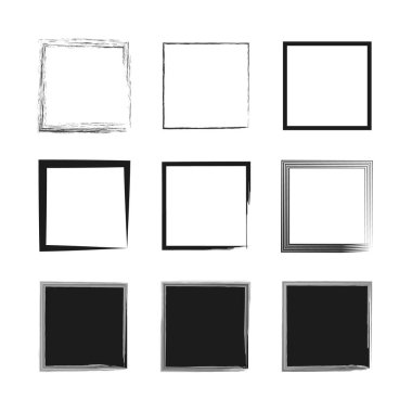 Sanatsal kare çerçeveler. Geometrik soyut çizgiler. Minimalist siyah vektör. Düzensiz cesur şekiller. EPS 10.