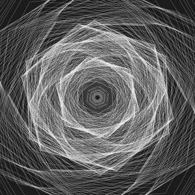 Geometrik soyut tasarım. Dönen kablo şekli. Siyah arka plan kontrastı. Karmaşık vektör modeli. EPS 10.