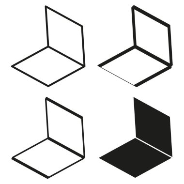 Dizüstü bilgisayar simgesini aç. Siyah cihaz şekilleri. Minimum bilgisayar sembolü. Vektör çizimi. EPS 10.