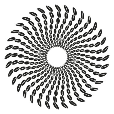 Spiral kahve çekirdeği. Dönen fasulye deseni. Dairesel siyah tohumlar. Vektör girdap tasarımı. EPS 10.