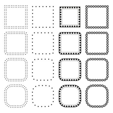 Minimalist çerçeve seti. Dekoratif sınır koleksiyonu. Geometrik ana hatlı şekiller. Siyah ve beyaz vektör. EPS 10.