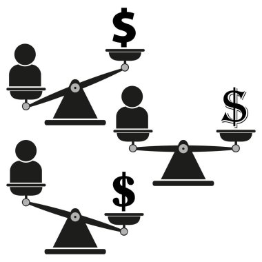 Pullar ve insanlar. Dolar karşılaştırma sembolü. Mali denge ikonu. Ekonomik değer zıtlığı. EPS 10.