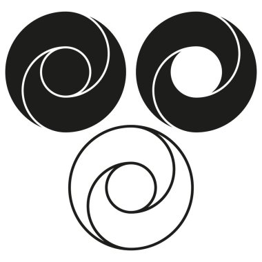 Üçlü spiral ikon. Soyut geometrik sembol. Dönen dairesel şekil. Siyah beyaz vektör. EPS 10.