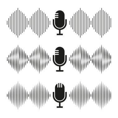 Mikrofon ses simgesi. Siyah ses dalgaları. Ses kayıt sembolü. Podcast frekans kalıbı. EPS 10.