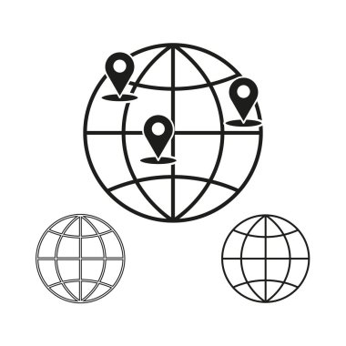 Lokasyon iğneli bir dünya. Küresel navigasyon sembolü. Soyut seyahat konsepti. Siyah dış hat vektörü. EPS 10.
