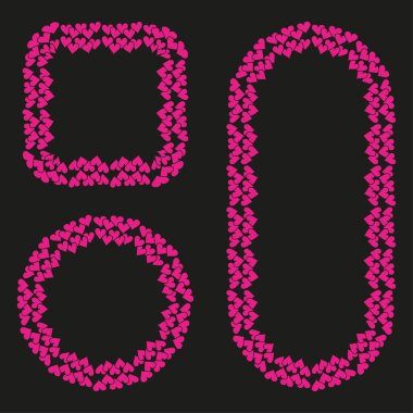 Kalp çerçevesi simgeleri. Pembe vektör sembolleri. Aşk şekilleri. Siyah arka plan tasarımı. EPS 10.