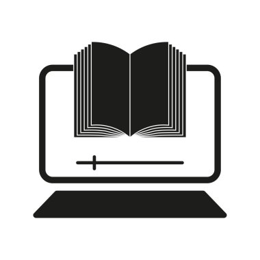 Ebook ekran simgesi. Dijital kitap sembolü. Siyah dizüstü bilgisayar şeklinde. Beyaz arka plan tasarımı. EPS 10.