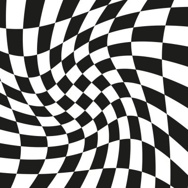 Damalı desen. Dalgalı siyah beyaz. Optik soyut doku. Satranç tahtasının şekli bozulmuş. EPS 10.