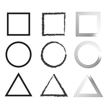 Geometrik şekil seti. Soyut kare daire. Sanatsal üçgen elementleri. Siyah beyaz çerçeve koleksiyonu. EPS 10.