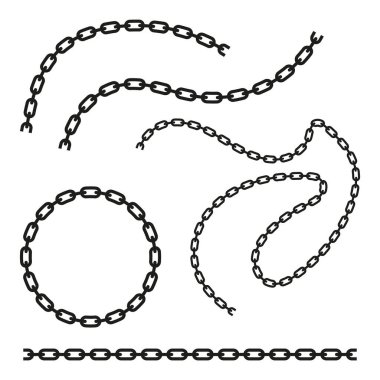 Kırık zincir şekilleri. Siyah metalik halkalar. Birbirlerine kenetlenmiş çelik. Sanayi özgürlüğü sembolü. EPS 10.