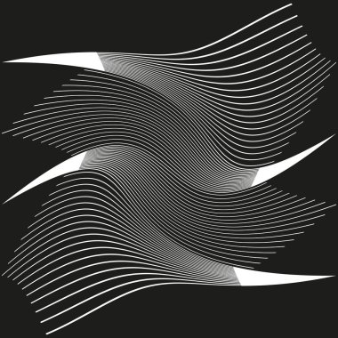 Siyah beyaz dalgalar. Soyut akış çizgileri. Optik bozulma etkisi. Dinamik hareket konsepti. EPS 10.
