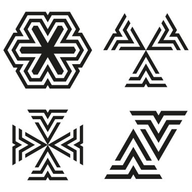 Geometrik sembol seti. Soyut şekil. Keskin simetrik simgeler. Siyah beyaz tasarım. EPS 10