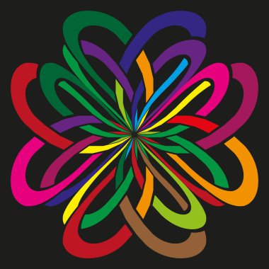 Renkli döngü deseni. Çarpık kurdele şekli. Soyut vektör çiçeği. Siyah arka plan sanatı. EPS 10.