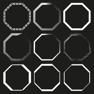 Sekizgen çerçeve hazır. Beyaz çizgi koleksiyonu. Vektör geometrik sınır. Siyah arka plan kontrastı. EPS 10.