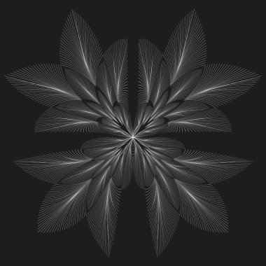 Işıl ışıl taç yaprakları. Parlayan çiçek figürü. Simetrik çizgi elementi. Vektör koyu arkaplan. EPS 10.