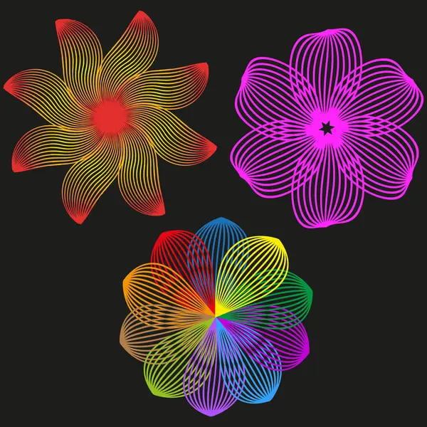 Çok renkli çiçek illüstrasyonu. Kırmızı sarı mor palet. Siyah arka plan kontrastı. Vektör tasarımı. EPS 10.