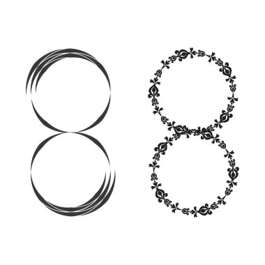 Minimum daire çerçeve. Süslü, yuvarlak kenarlı. Eğimli vektör sembolü. Siyah çiçekli. EPS 10