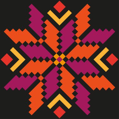 Geometrik yıldız süsü. Piksel etnik şekli. Simetrik çapraz motif. Vektör halk sembolü. EPS 10.
