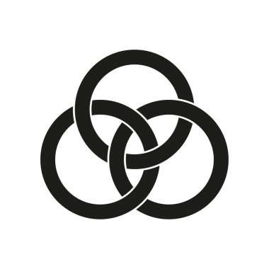 Bağlantılı yüzük üçlüsü. Birbirine dolanmış dairesel form. Cesur siyah vektör. Geometrik soyut figür. EPS 10.