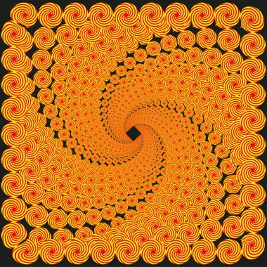 Şeker sarmalı illüzyonu. Kırmızı sarı desen. Hipnotik girdap vektörü. Karanlık arka plan figürü. EPS 10.