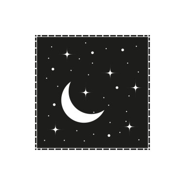 Hilal ikonu. Yıldızlı gökyüzü karesi. Karanlık uzay vektörü. Gece sembolü şekli. EPS 10.