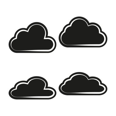 Bulut şekilli simgeler. Kabarık gökyüzü nesneleri. Kalın hatlı vektör. En az siyah siluet. EPS 10.
