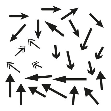 Ok vektörü ayarlandı. Siyah yön şekilleri. İşaretli yön bulma sembolleri. Rastgele ok simgeleri. EPS 10.