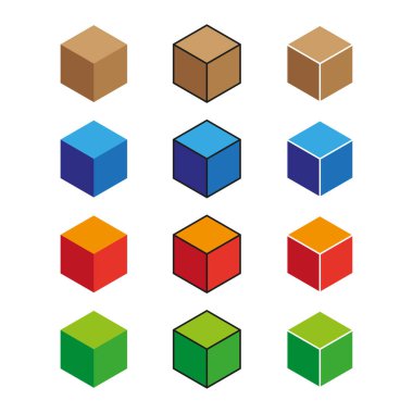 Renkli küp koleksiyonu. Yığılmış blok şekilleri. Geometrik vektör nesneleri. Çeşitli parlak paletler. EPS 10.