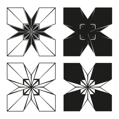 Yıldız çiçek formları. Simetrik ve keskin yapraklar. Geometrik çiçek simgeleri. Vektör soyut tasarımı. EPS 10.