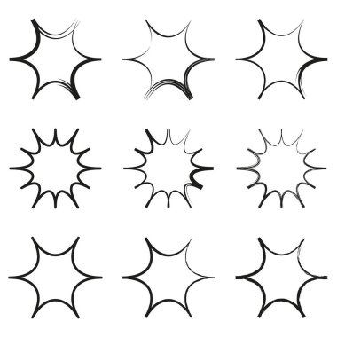 Güneş patlaması şekli. Parlak vektör grafiği. Işık kıvılcımı sembolü. Yıldız patlaması elementi. EPS 10.