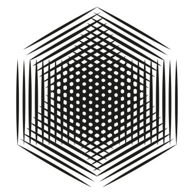 Altıgen illüzyon şekli. Özmerkezli soyut çizgiler. Geometrik vektör deseni. Siyah beyaz doku. EPS 10.