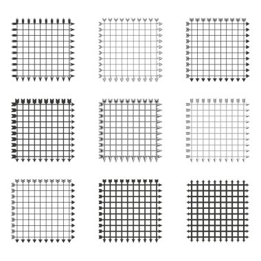 Izgara simgesi ayarlandı. Vektör kare sembolleri. Siyah ve beyaz çizim. Grafik fayans koleksiyonu. EPS 10.
