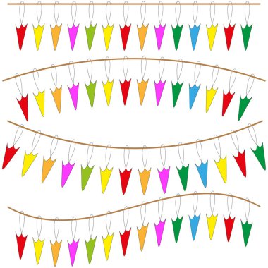 Renkli flama simgesi. Bayrak şeklinde asılı. Parti dekorasyon vektörü. Kıvrımlı festival teli. EPS 10.