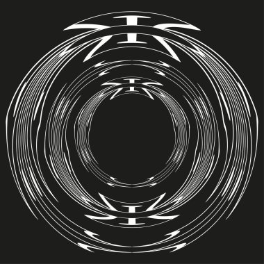 Dairesel soyut çerçeve. Beyaz kavisli halka. Simetrik radyal şekil. Siyah vektör arka planı. EPS 10.